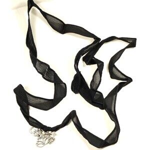 Black Crinkle Chiffon Ribbon Lanyard Necklace with Buddha & Silver Tone Charms